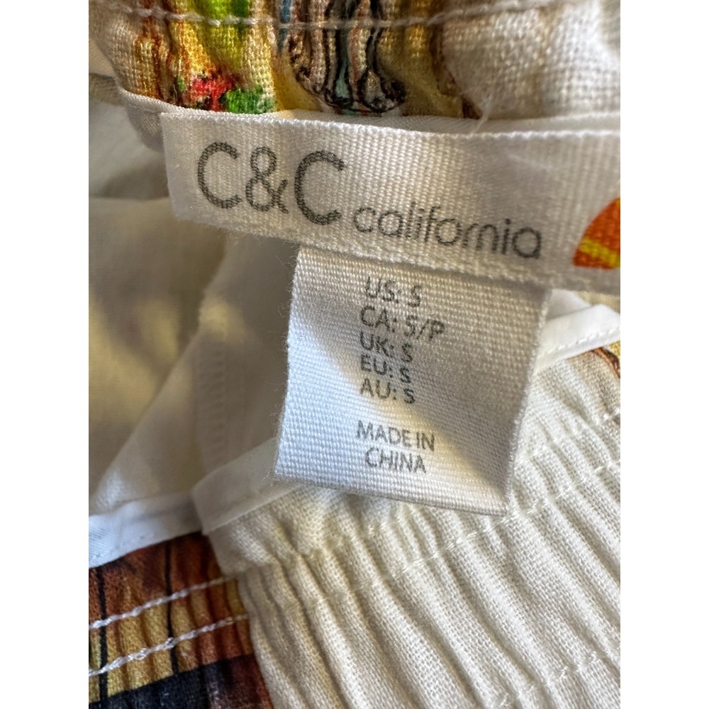 C&C California Small Linen Blend Vacation Print Wide Leg Pants Ivory Multi - Picture 6 of 13